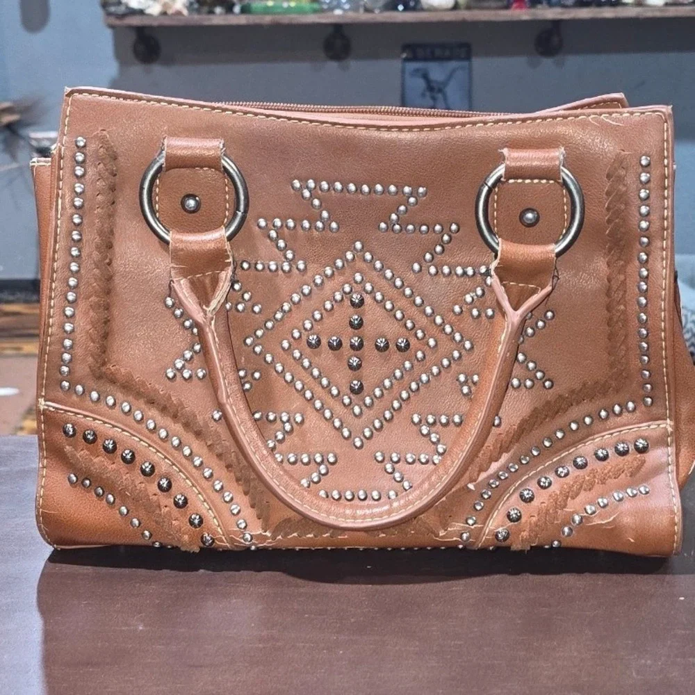 Montana West Studded Western Satchel Handbag Tan Faux Leather Southwestern Boho‎